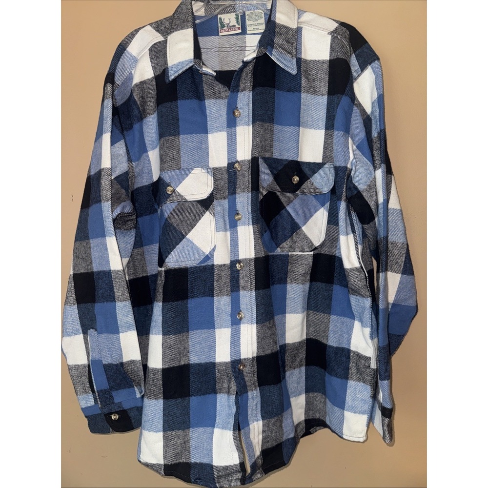 Deer Creek Flannel Shirt Mens XL Blue Black White Buffalo Plaid Cotton Vintage